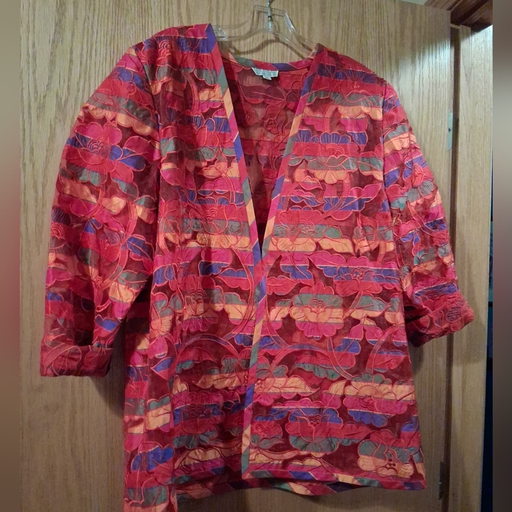 Womens Thai 100% Silk Red Blazer Floral Semi Sheer  XL 29 Long 21 Armpit 1 Clasp